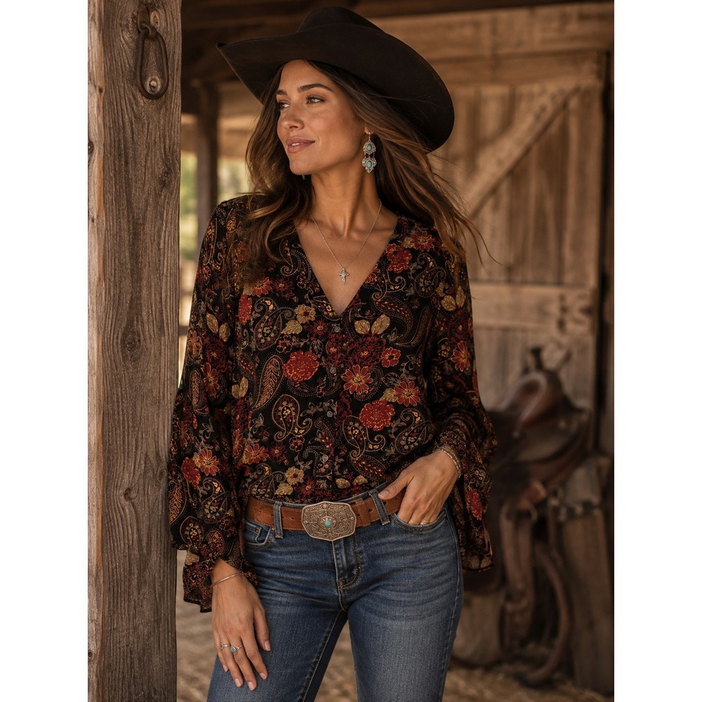 Idyllwind Top Womens Large Black Red Paisley Floral Western Cowgirl Boho